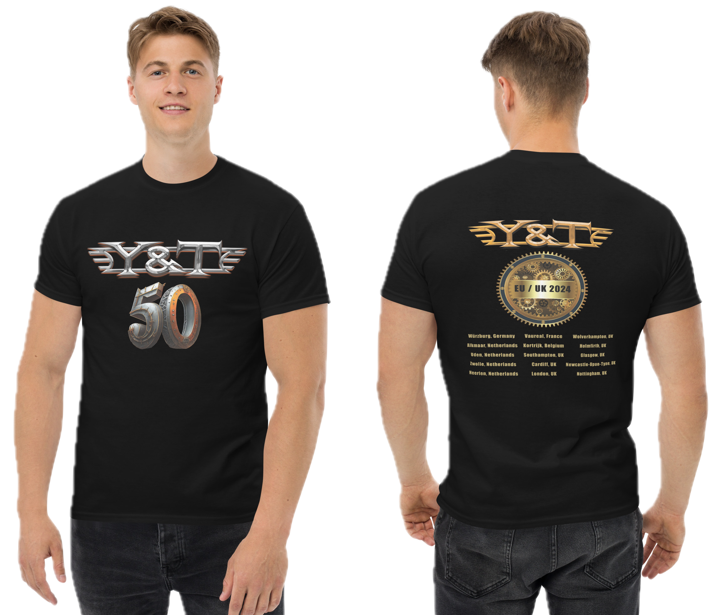 Graphic of Y&T 2024 EU/UK 50th anniversary tour shirt