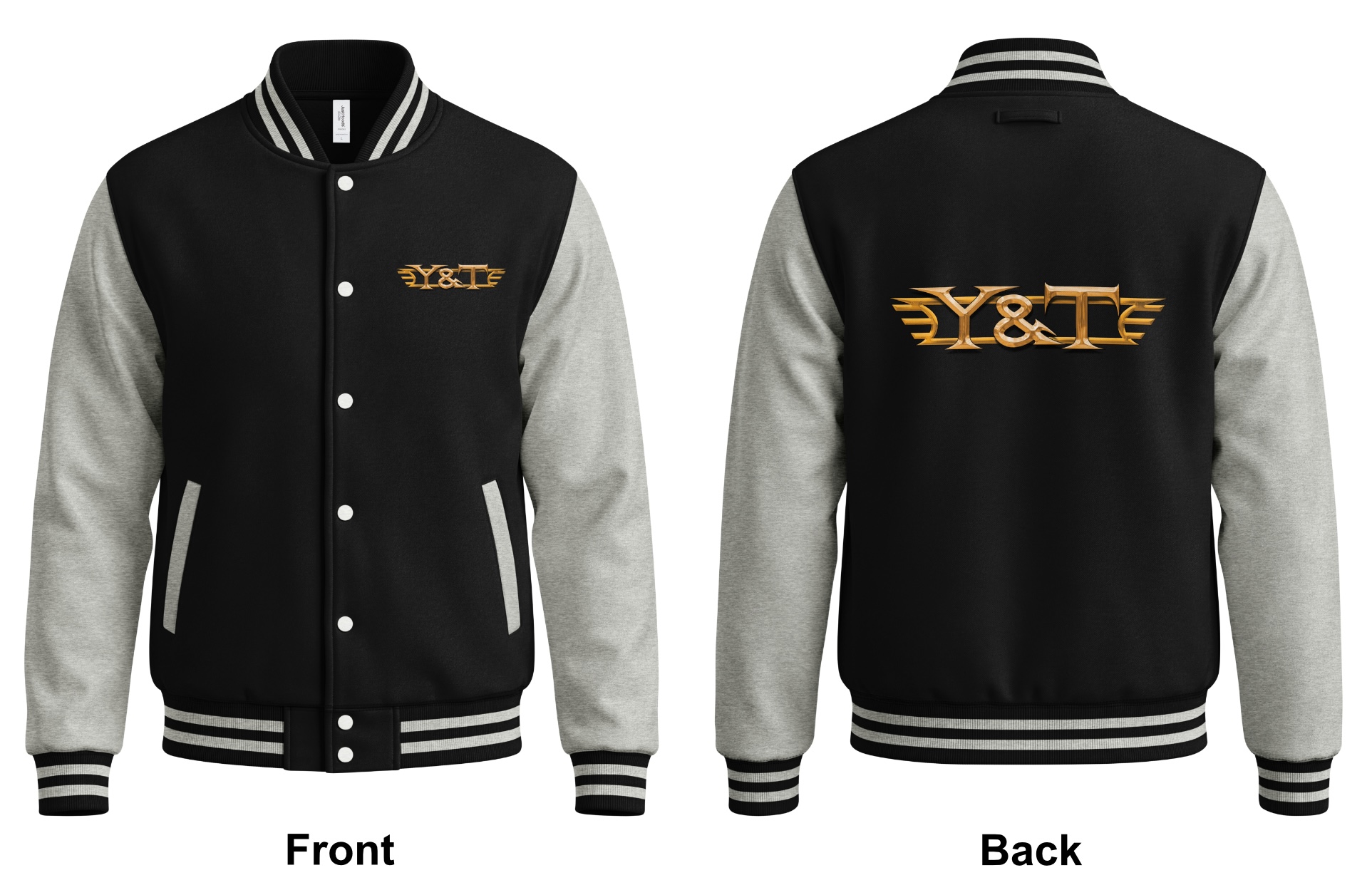 -Y&T Logo Letterman Jacket - Jet Black & Heather Grey Graphic of Y&T logo letterman jacket